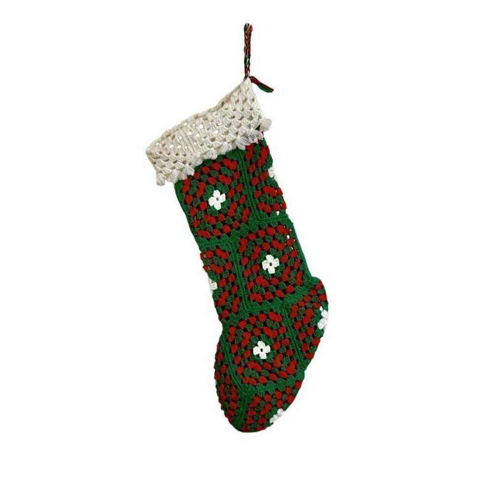 Handmade Granny Square Christmas Stocking XL Vintage 1980s Green, Red, White